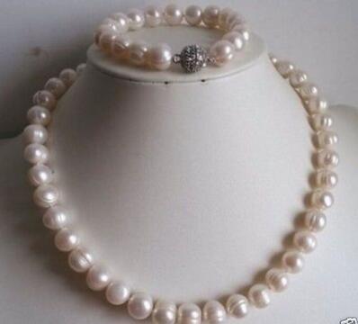 9-10mm white freshwater pearl necklace bracelet set