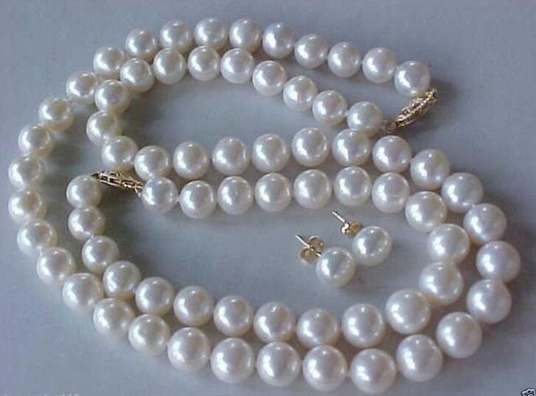 New 9-10MM AAA GENUINE WHITE AKOYA PEARL NECKLACE BRACELET & EARRINGS SET