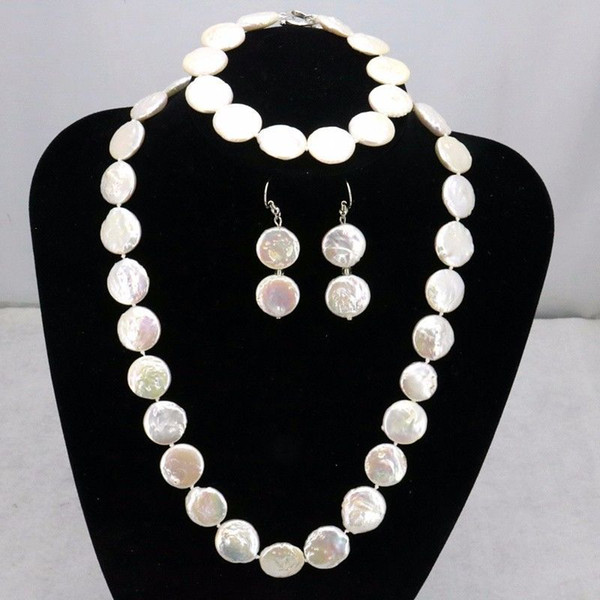 Coin shape white pearl necklace sets 15mm 18