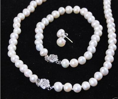 7-8mm White Freshwater Cultured Pearl Bracelet Necklace Earrings Set