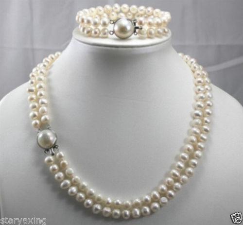 2017 2 Row 7-8MM Freshwater Cultured pearls Necklace Bracelet Set