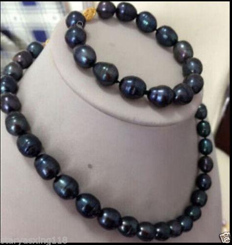 New 9-10MM Black Freshwater Pearl Necklace Bracelet Set