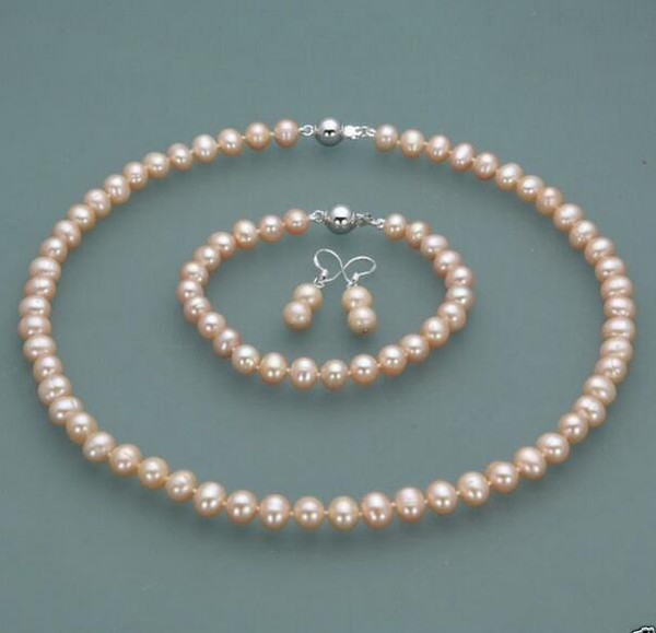 a set of 7-8mm natural gold pink pearl necklace 18inch bracelet earrings