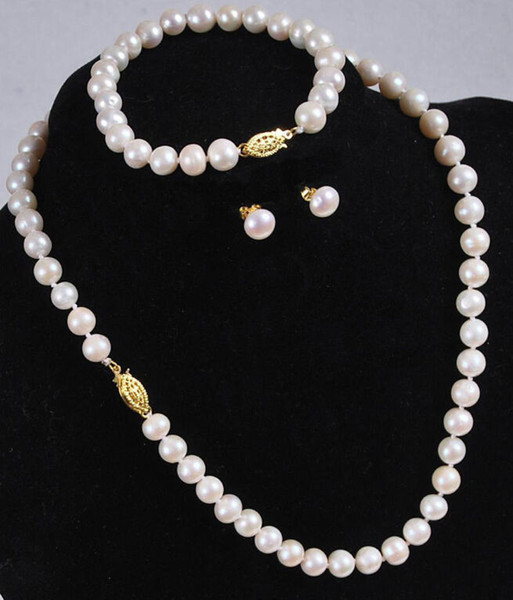 set of 8-9mm south sea round white pearl necklace &earring &bracelet 14k