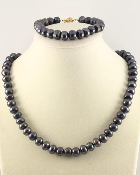 beautiful Black 9-10 mm Culture Steamed Freshwater pearl necklace set 18