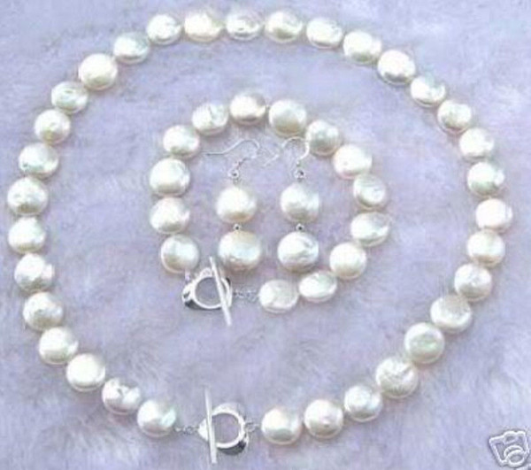 NEW 11-12MM White Coin Pearl Necklace Bracelet Earring Set AAA