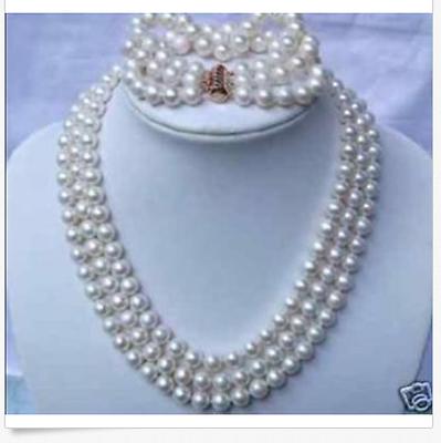 set of 3 rows 7-8mm south sea white round pearl necklace16