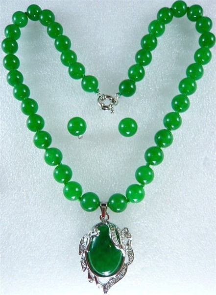 10MM noblest green jade necklace +18KGP pendant earring set 18