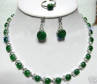 Pretty set natural emerald necklace earring ring size 8