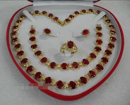 Mother's Day red ruby 18k yellow gold filled noblest necklace set SZ 8 free box