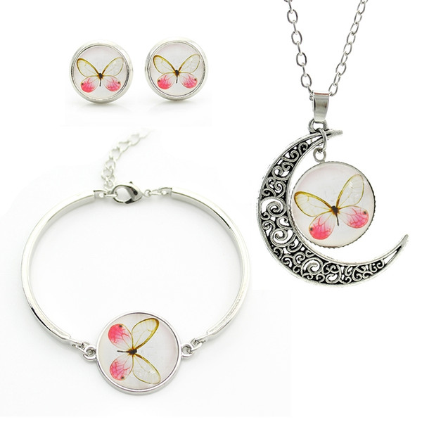 Wholesale women jewelry sets Accessories Glass cabochon butterfly bracelet Necklace Earrings gift for girls Jewelry Sets JS158