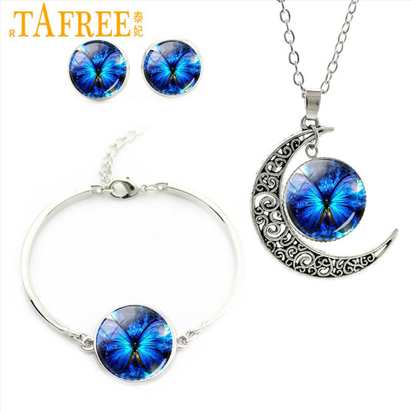 TAFREE Romantic Blue Butterfly Art Picture Glass Cabochon Necklace Stud Earrings Bracelet Jewelry Set For Wedding Jewelry JS133