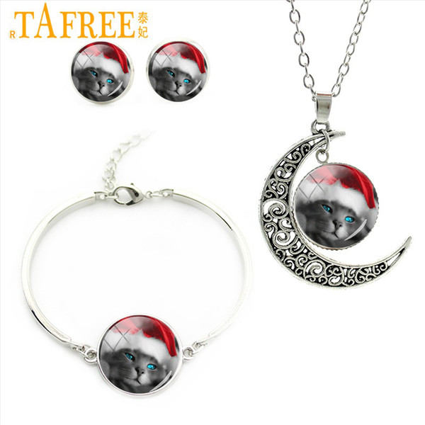 TAFREE Blue Eyes Cat Wearing Red Christmas Hat Jewelry Sets Necklace Earrings Bracelet Women Lovely Jewelry Sets Xmas Gifts CM52