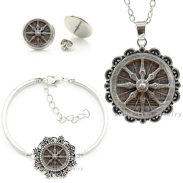 Vintage Dharma Wheel glass dome buddhist Wheel jewelry sets Dharma chakra Spiritual faith necklace earrings bracelet set HT067