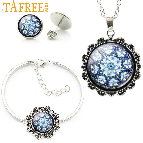 TAFREE Blue Mandala Buddhist OM Symbol Jewelry Sets Glass Cabochon Earrings Bracelet Necklace Men Women Indian Jewelry Set HT192