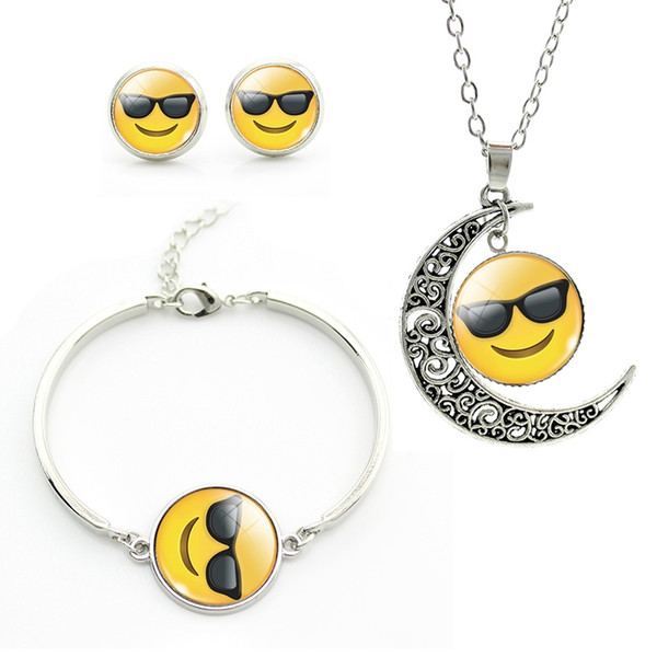 TAFREE Fashion Emoticons Jewelry Sets for girls boys Moon Pendant Necklace Stud Earrings Bracelet plated silver accessories JS70