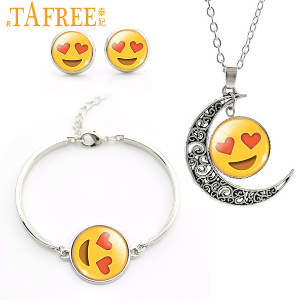 TAFREE 2019 Newest Emoticons Jewelry Set moon pendant necklace Earrings bracelets sets Silver Plated Hearts,Face Charm Set JS060