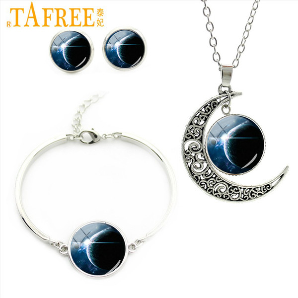 TAFREE Fashion plated Silver Women Jewelry Set Glass Cabochon Moon pendant Necklace Earrings Bracelets Party Jewelry Sets JS122