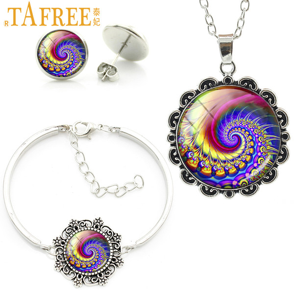 TAFREE Novelty colorful Spiral Art mandala women wedding bridal jewelry sets rainbow ladies necklace earrings bracelet set HT028