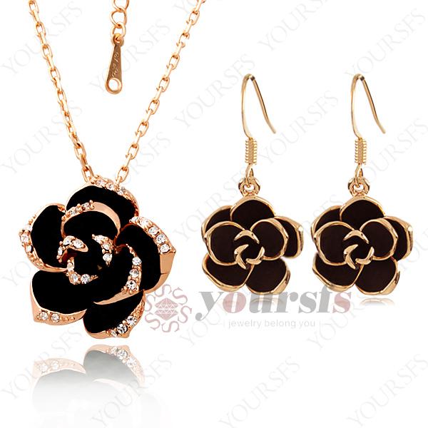 Yoursfs Dazzle Flash Black Flower Pendant Necklace 18 K Rose Gold Plated Use Crystal Necklace&Earring Gemstones Jewelry Sets S010R1