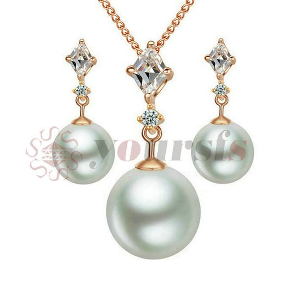 Yoursfs 18K Rose Gold Plated Ladyhood Pearl Necklace and Hoop Earring Use Austrian Crystal Bridal Jewelry Set