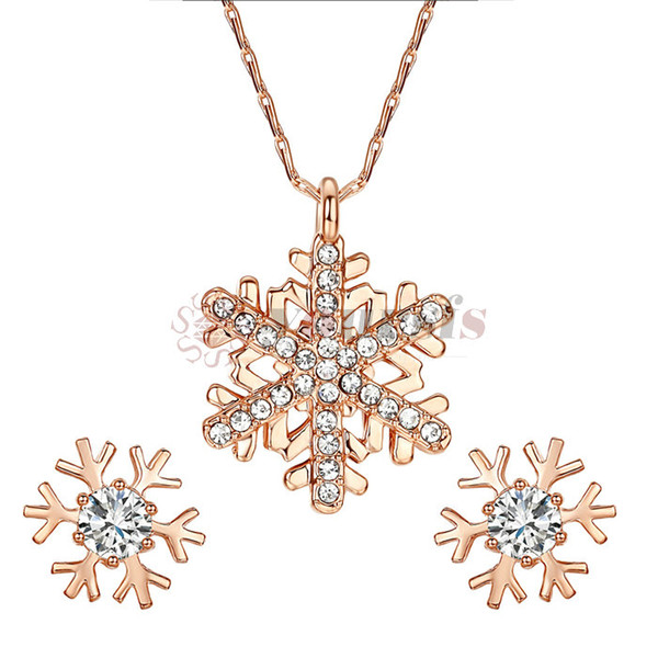 Yoursfs Fashion Gold Plating Snow Flower Pendant Necklace Earrings Set with White CZ Stone