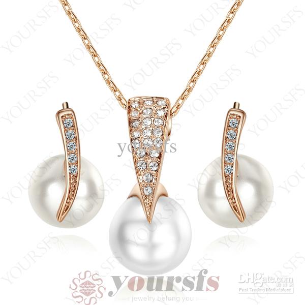 Yoursfs Noble Fashion Jewelry Set 18 K Rose Gold Plated Used Crystal Shinning Pearl Pendant Necklace&Earring Bridal Party Jewelry Set S275R1