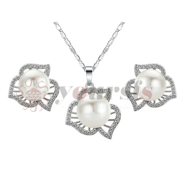 Yoursfs 18k Gold Plated Hollow Out Petals White Pearl Earring and Necklace Jewelry Set