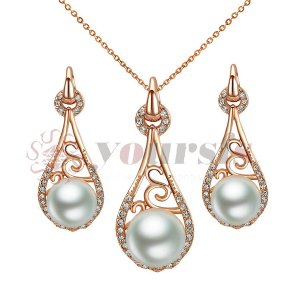 Yoursfs 18K Rose Gold Plated Ladyhood Pearl Necklace and Earring Use Austrian Crystal Bridal Jewelry Set