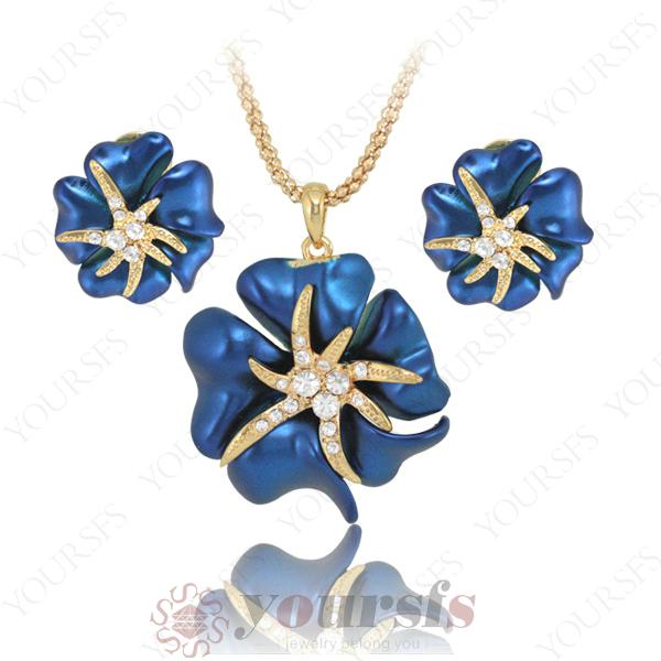 Yoursfs Temperament Fashion Wedding Jewelry Set Best Selling 18 K Gold Plated Rhinestone Enamel Rose Flower Earrings& Necklace Jewelry Set