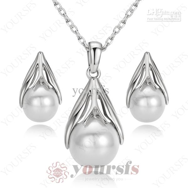 Yoursfs Crystal Bridal Jewelry Sets Silver 18 K White Gold Plated Shinning Pearl Pendant Necklace&Earring Rhinestone Jewelry Sets S388W1