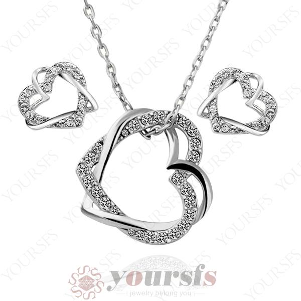 Yoursfs Trendy Jewelry Set 18K Gold Plated Used Austria Crystal Double Heart Love Pendant Necklace&Earring Bridal Party Jewelry Sets S115W1