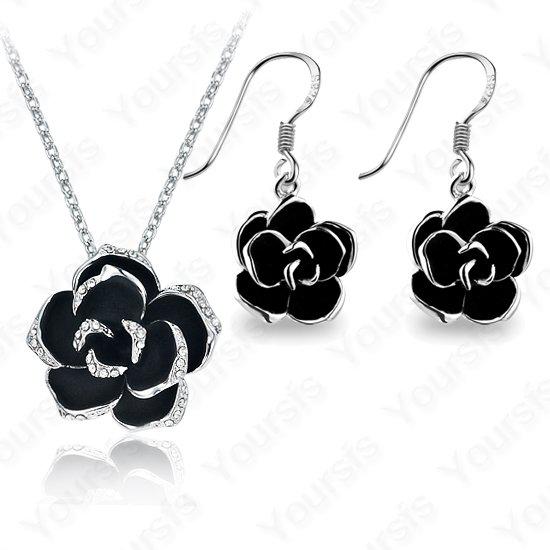 Yoursfs Unique Rose Black Flower Pendant 18K White Gold Plated Use Crystal Necklace&Earring Bridal Jewelry SetMother's day S010W1