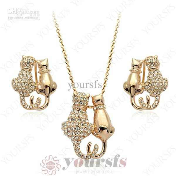 Yoursfs Unique Personality Jewelry Set 18 K Rose Gold Plated Used Crystal Necklace&Earrings Kitty Cat Bridal Party Jewelry Sets Gift S024R1F