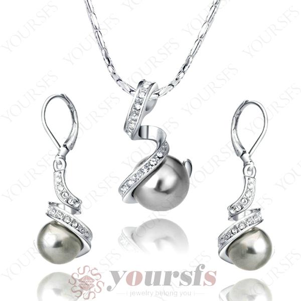 Amazing Price!Yoursfs Elegant Jewelry Sets 18K White Use Crystal 18K GP Gray Pearl Pendant Necklace &Earrings Sets For Women S003W2