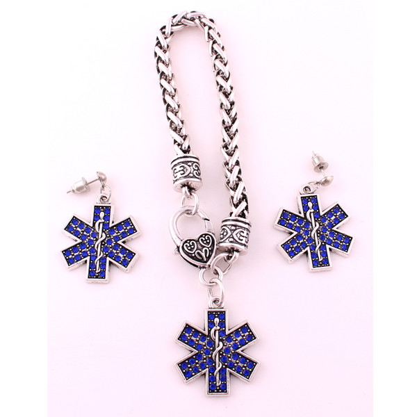 Fashion Medic Sign Caduceus And Beautiful Blue Crystals Charm Snake Pendent Necklace Earring Set Jewelry Provide Drop Shipping