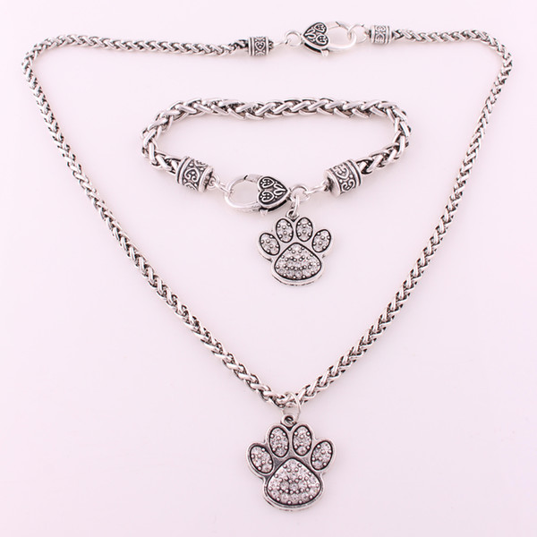 Good Quality Rhodium Plated Zinc Studded With Sparkling Crystal Dog Or Bear Paw Charm Earring Bracelet Necklace Set Jewelry