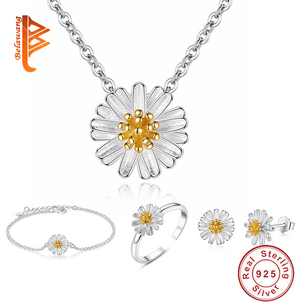 BELAWANG New Item 925 Sterling Silver Daisy Jewelry Set for Women Daisy Pendant Necklace Bracelet Ring Earrings Wedding Christmas Day Gift