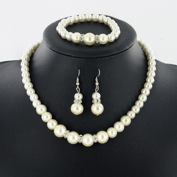 Pearl Necklace Earrings Bracelet Set 3 pieces suit NEW Fashion Jewelry For Women Clothing accessories Fashion hanging chain free shipping