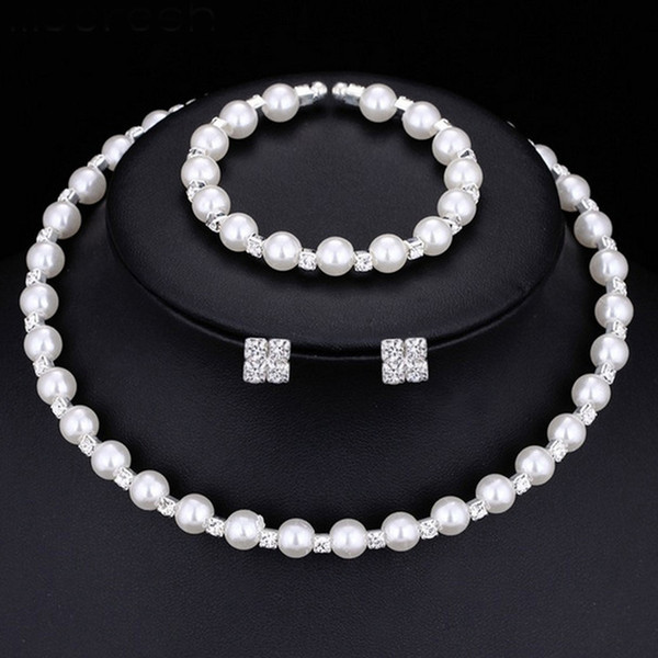 Handmade Imitation Pearl Crystal Necklace Bracelet Earrings For Bride Romantic Wedding Jewelry Fashion Silver Plated Accessories Wholesale