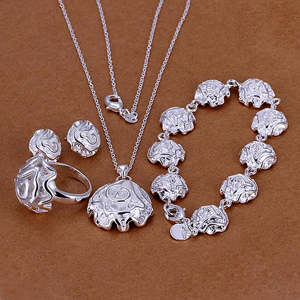 KASANIER Sales Women Fashion 925 Silver Jewelry Ring Set Rose Flower Stud Earrings Bracelet Necklace set New