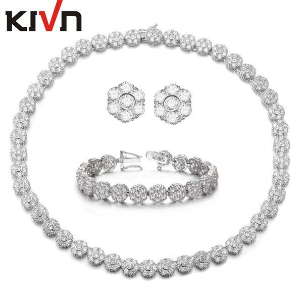 KIVN Wedding Sets-KIVN Fashion Jewelry Sparkling Flower CZ Cubic Zirconia Jewelry Bridal Sets for Women Birthday Christmas Gift