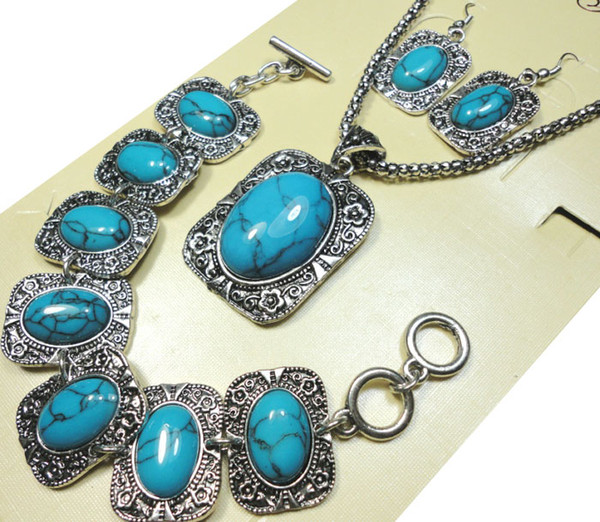 1 Set Top Antique Silver Blue Stone Bracelet Earrings Necklace 3 in 1 Jewelry Lots Whole Jewelry Sets Free Shipping LR287