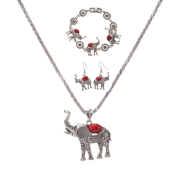 Bohemia Elephant Pendant Necklace Bracelet Earrings Set European and American Exaggerated Jewelry Three Piece Set Wholesale