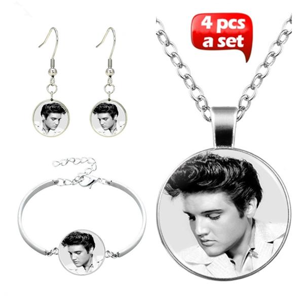 Elvis Presley Glass Cabochon Necklace & Earrings & Bangle Set(Totally 4 Pcs)