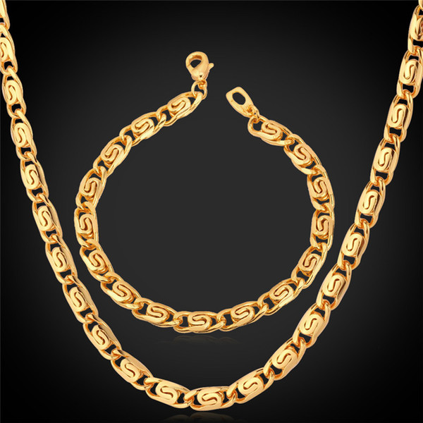 New Men Jewelry Chunky Link Chain Necklace Bracelet Set 18K Real Gold Plated Fashion Accessories Gift For Men