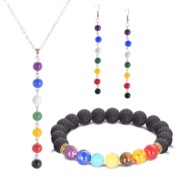 Fashion Jewelry Set Colorful Beads Bracelet&Necklace&Earring Natural Stone 7 Reiki Chakra Healing Balance Beads Lover Gift