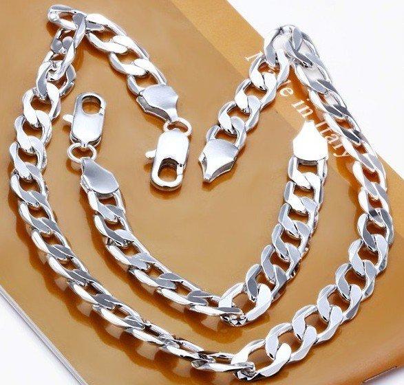 Free shipping 925 silver 12MM Width Figaro Chain men chain heavy necklace and bracelet wholesale jewelry set