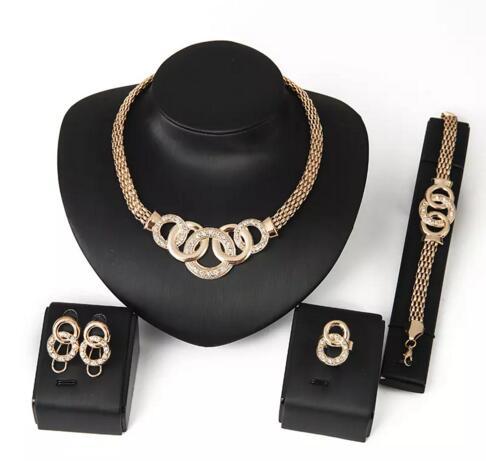 18K Gold Plated Rhinestone Chunky Chain Statement Necklace Bracelet Earrings Ring Vintage Women Bridal Wedding Party Jewelry Sets free shipp