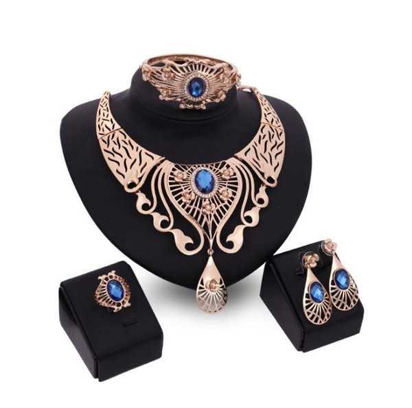 Luxury Bohemian jewelry Set Crystal Rhinestone Hollow Gold Flower Necklace Bracelet Ring Earring Set for women wedding prom engagement party